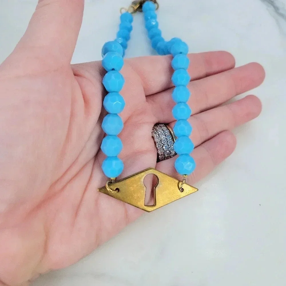 Artisan Keyhole Necklace Opaque Glass Turquoise Beads Brass I Love U Ch…